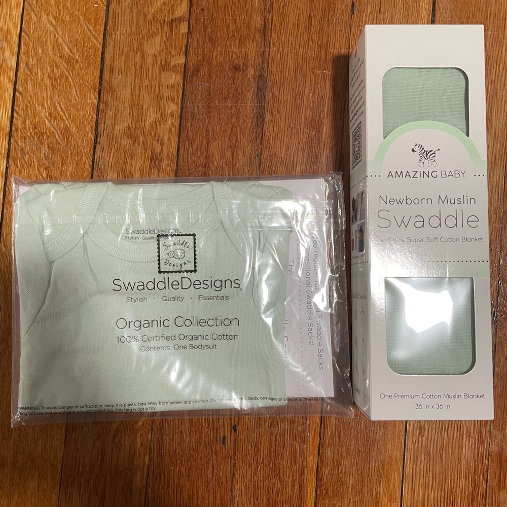 Swaddle Designs Organic Cotton Bodysuit with matching green muslin swaddle